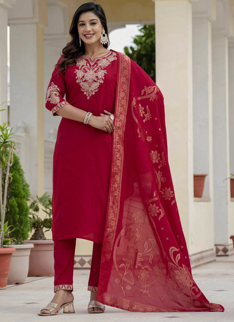 Prazu Fashion Red Roman Silk Embroidered Sequence Designer Kurta Set | Grocsy