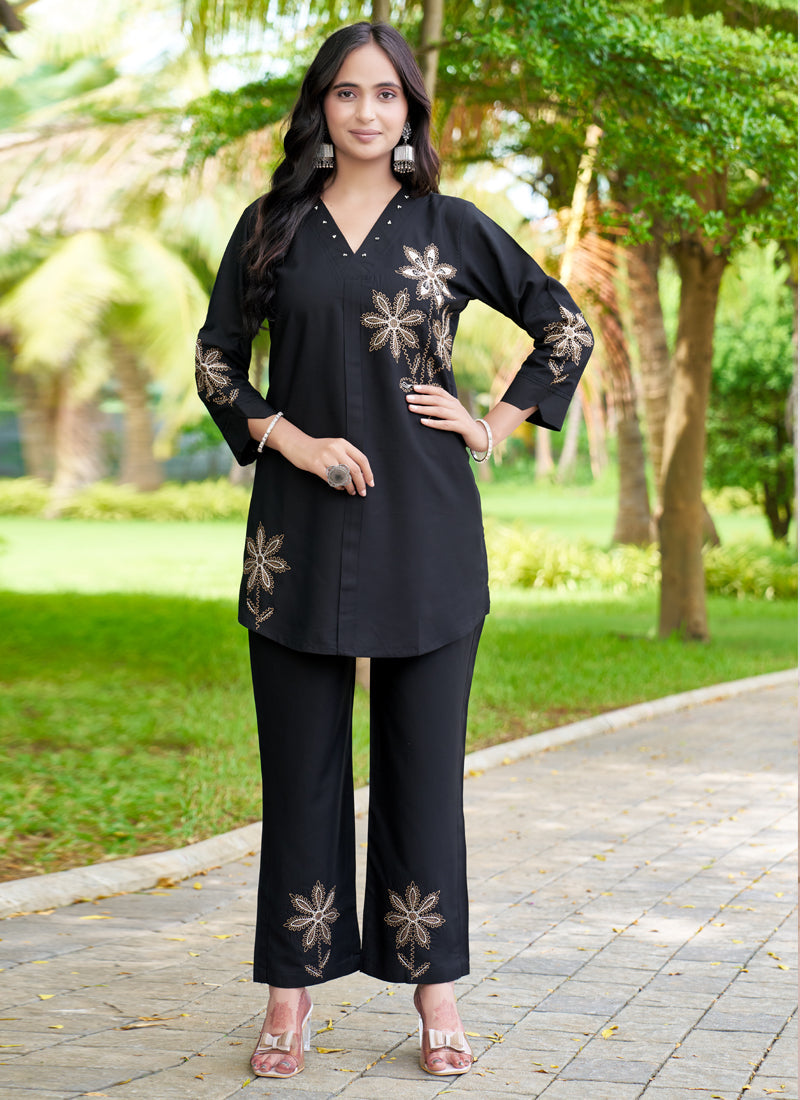 Prazu Fashion Black Rayon Multi Embroidery Thread Work Co-Ords Set | Grocsy
