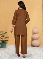 Prazu Fashion Brown Pink Rayon Multi Embroidery Thread Work Co-Ords Set | Grocsy