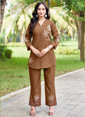 Prazu Fashion Brown Pink Rayon Multi Embroidery Thread Work Co-Ords Set | Grocsy