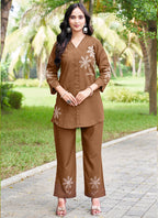 Prazu Fashion Brown Pink Rayon Multi Embroidery Thread Work Co-Ords Set | Grocsy