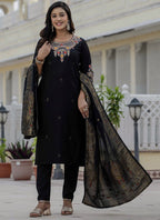 Prazu Fashion Black Roman Silk Embroidered Sequence Designer Kurta Set | Grocsy