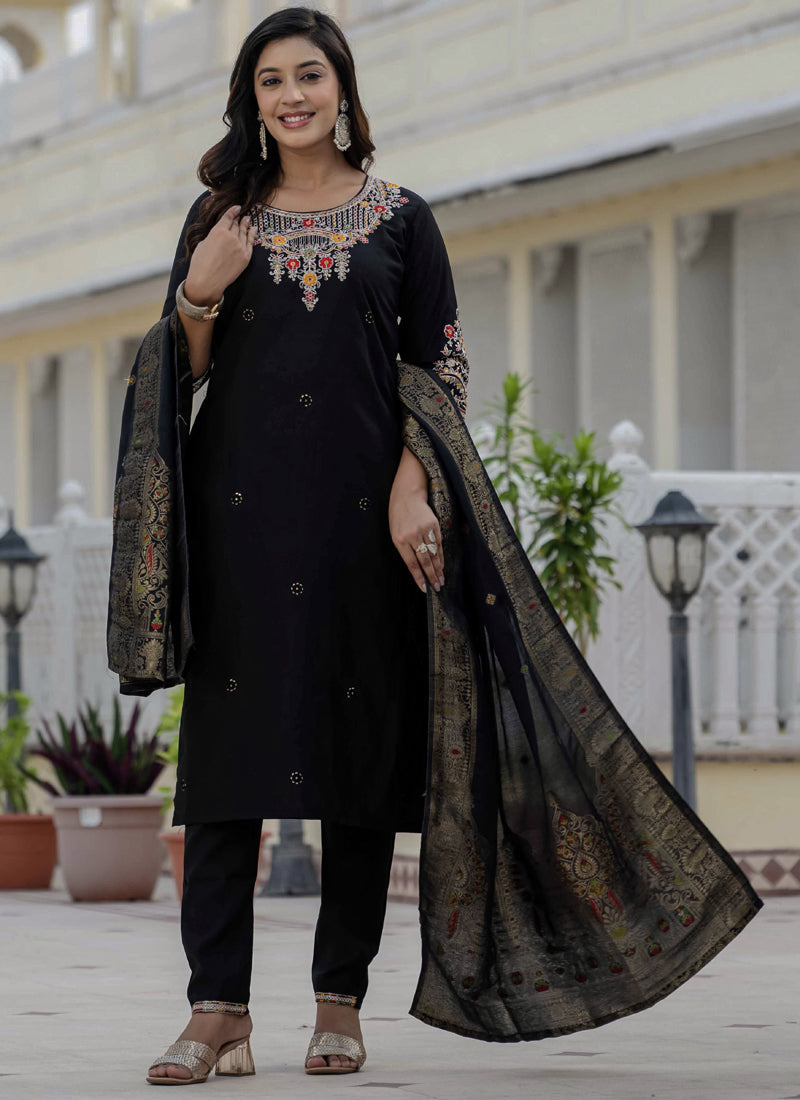 Prazu Fashion Black Roman Silk Embroidered Sequence Designer Kurta Set | Grocsy