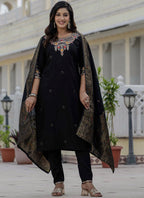 Prazu Fashion Black Roman Silk Embroidered Sequence Designer Kurta Set | Grocsy