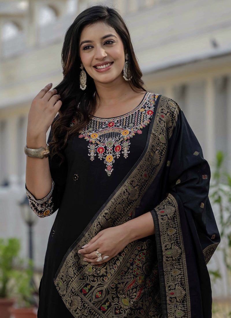 Prazu Fashion Black Roman Silk Embroidered Sequence Designer Kurta Set | Grocsy