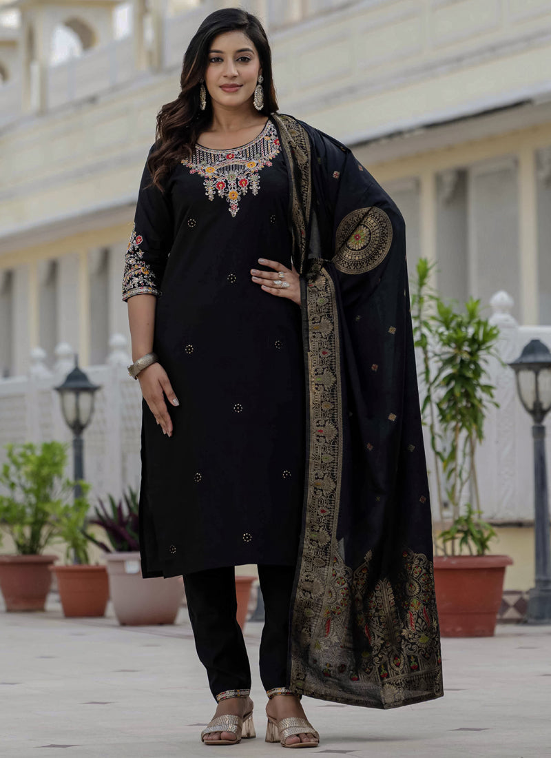 Prazu Fashion Black Roman Silk Embroidered Sequence Designer Kurta Set | Grocsy