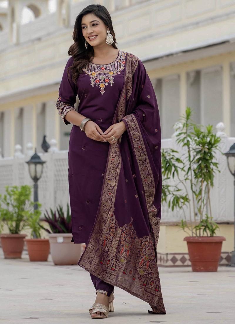 Prazu Fashion Wine Roman Silk Embroidered Sequence Designer Kurta Set | Grocsy