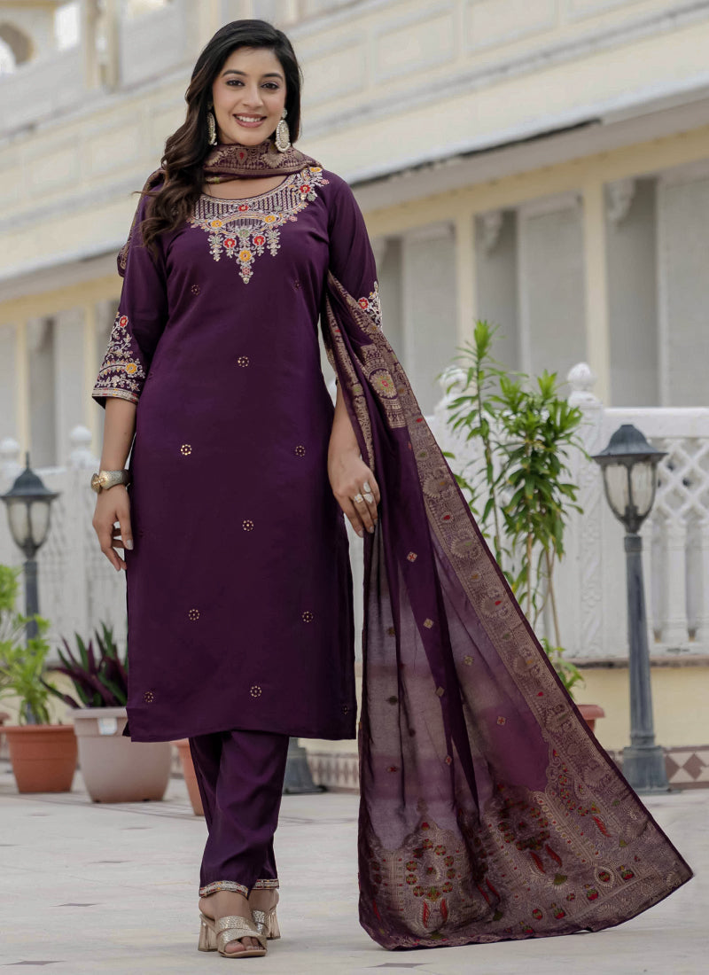Prazu Fashion Wine Roman Silk Embroidered Sequence Designer Kurta Set | Grocsy