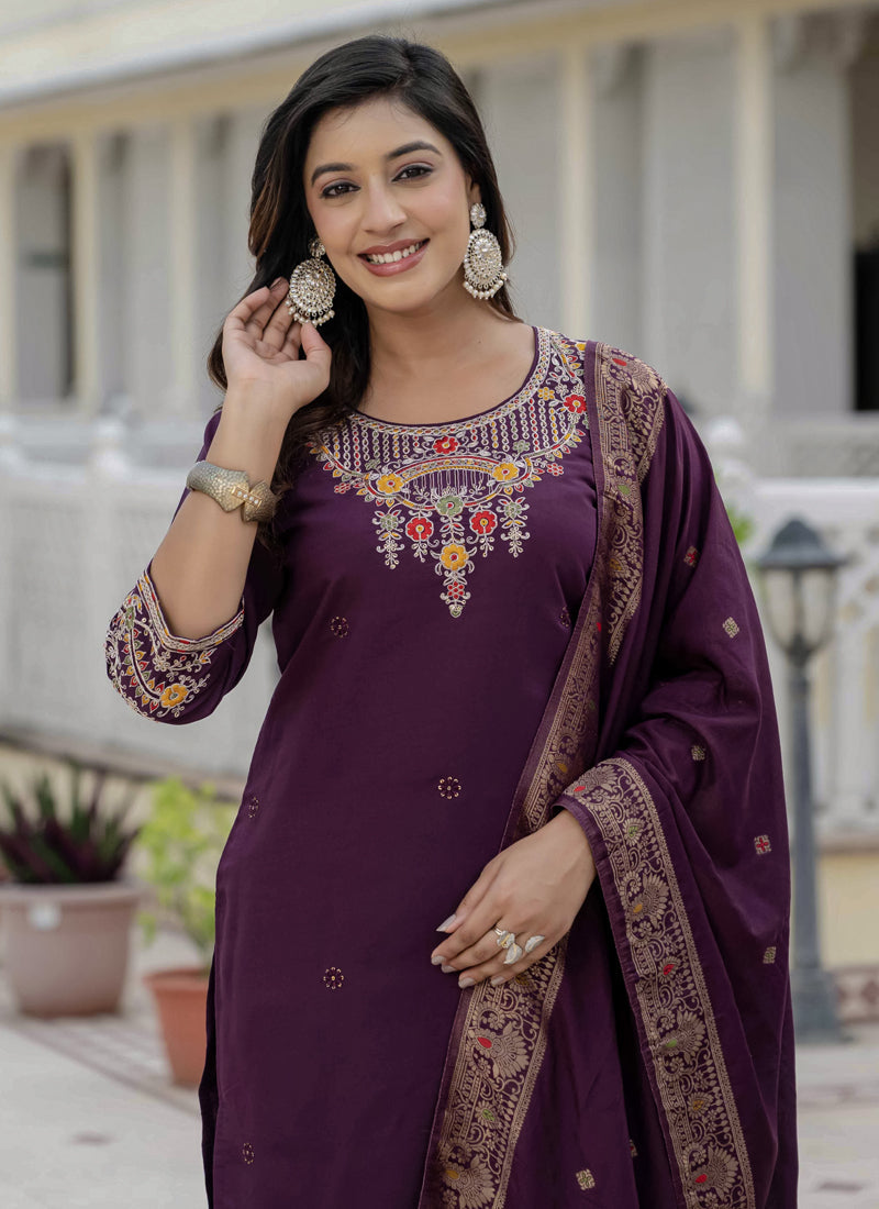 Prazu Fashion Wine Roman Silk Embroidered Sequence Designer Kurta Set | Grocsy
