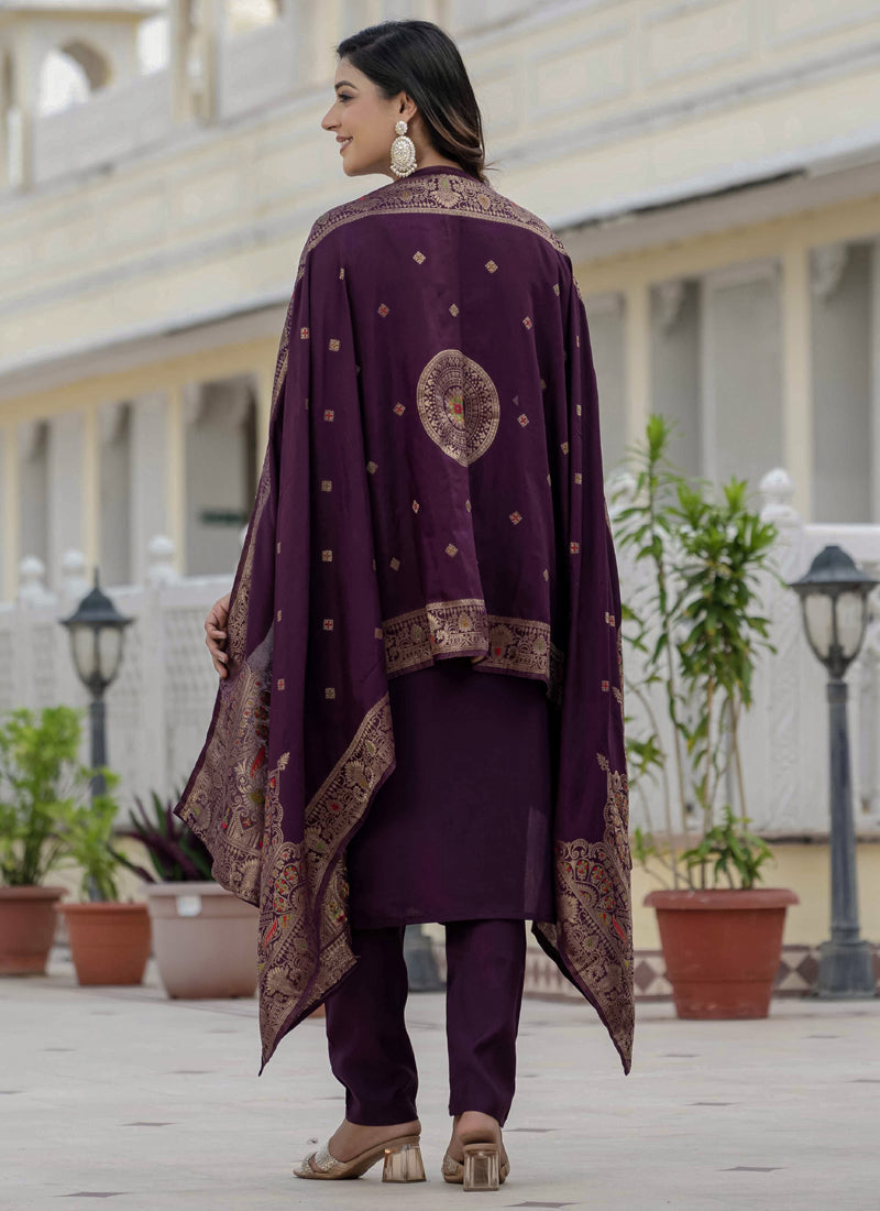 Prazu Fashion Wine Roman Silk Embroidered Sequence Designer Kurta Set | Grocsy