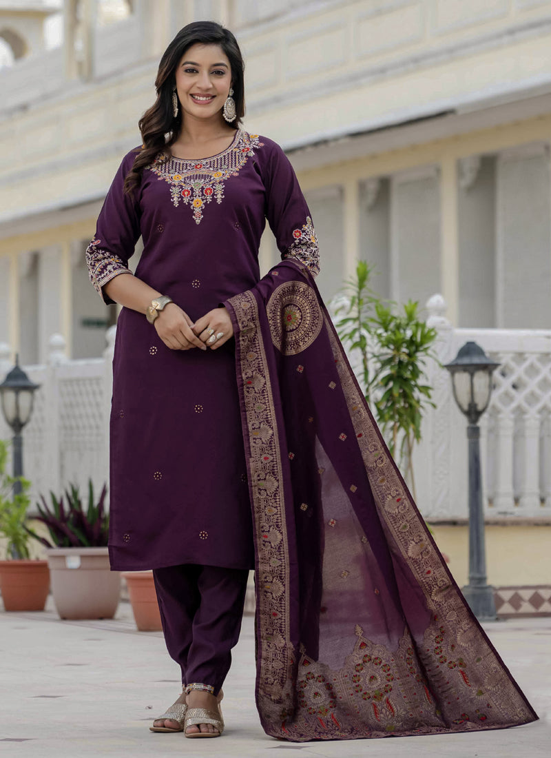 Prazu Fashion Wine Roman Silk Embroidered Sequence Designer Kurta Set | Grocsy
