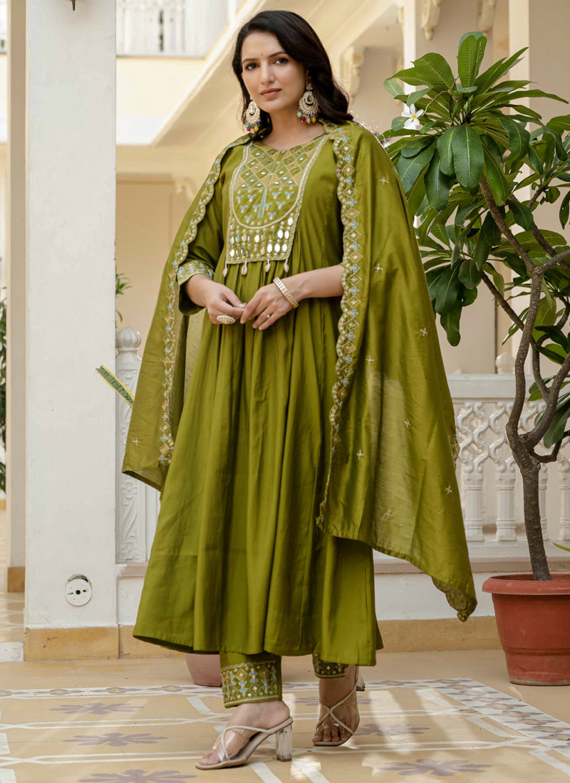 Prazu Fashion Mehendi Viscose Roman Silk Real Mirror Hand Work Kurta Set | Grocsy