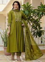 Prazu Fashion Mehendi Viscose Roman Silk Real Mirror Hand Work Kurta Set | Grocsy