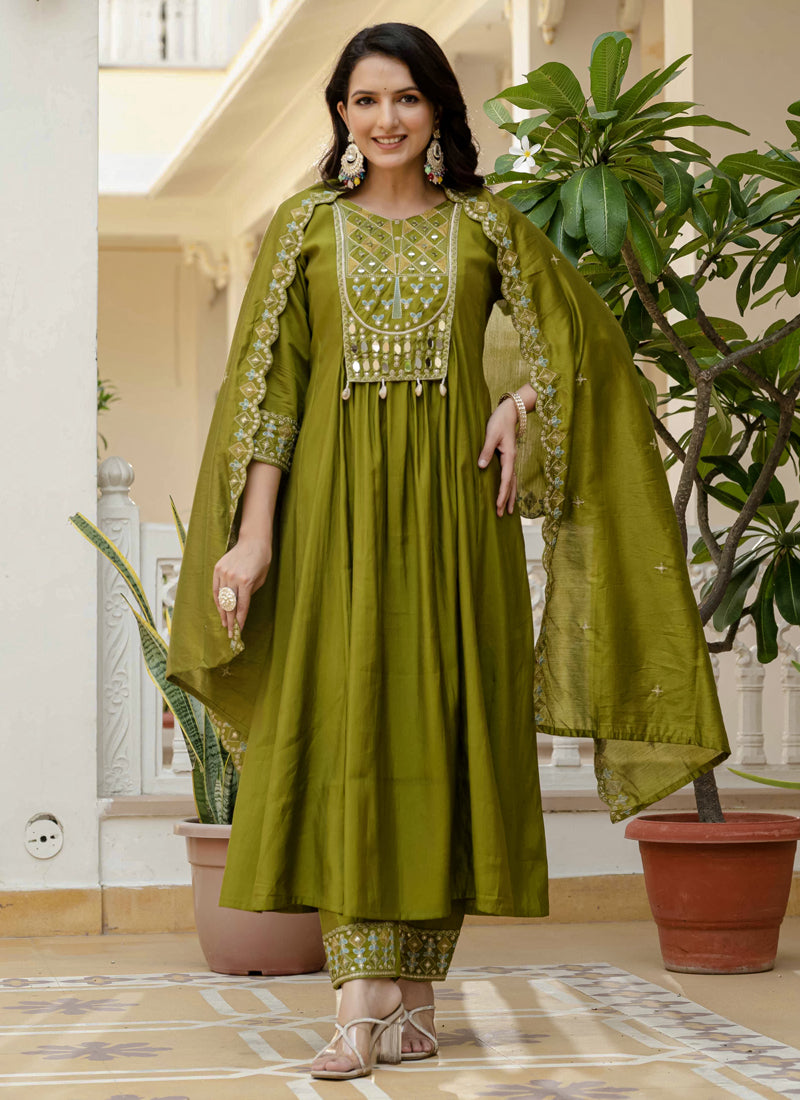 Prazu Fashion Mehendi Viscose Roman Silk Real Mirror Hand Work Kurta Set | Grocsy