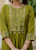 Prazu Fashion Mehendi Viscose Roman Silk Real Mirror Hand Work Kurta Set | Grocsy