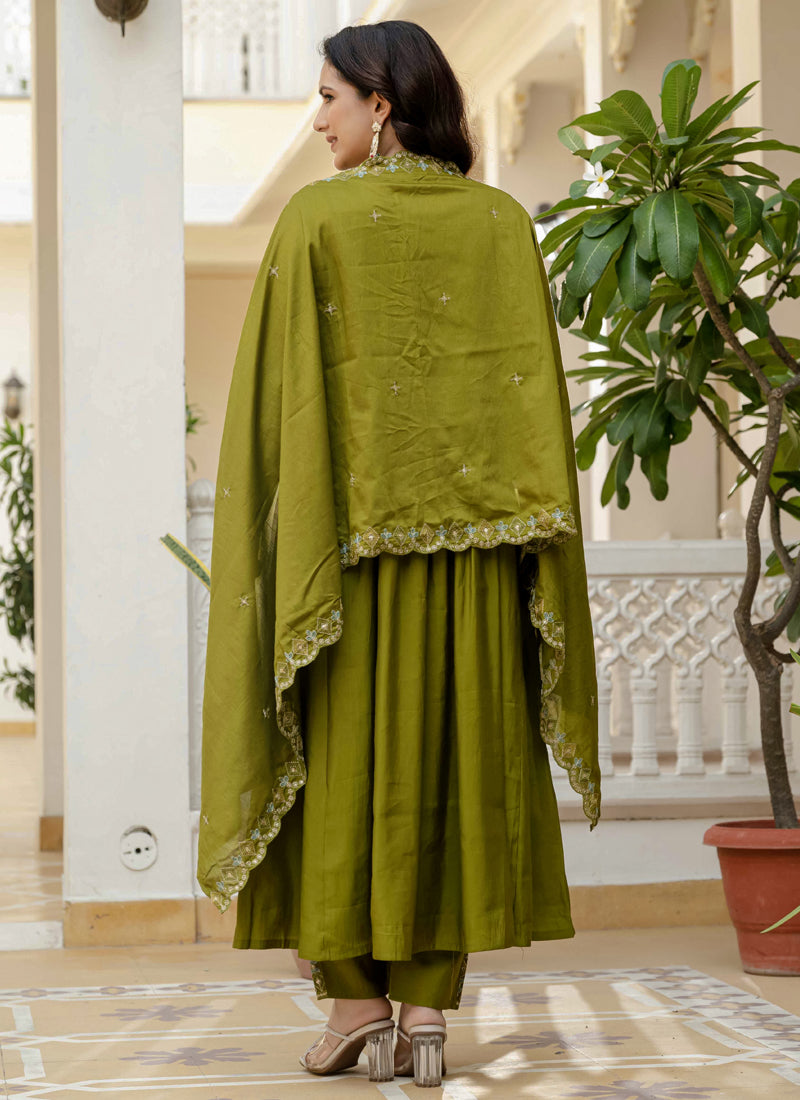 Prazu Fashion Mehendi Viscose Roman Silk Real Mirror Hand Work Kurta Set | Grocsy