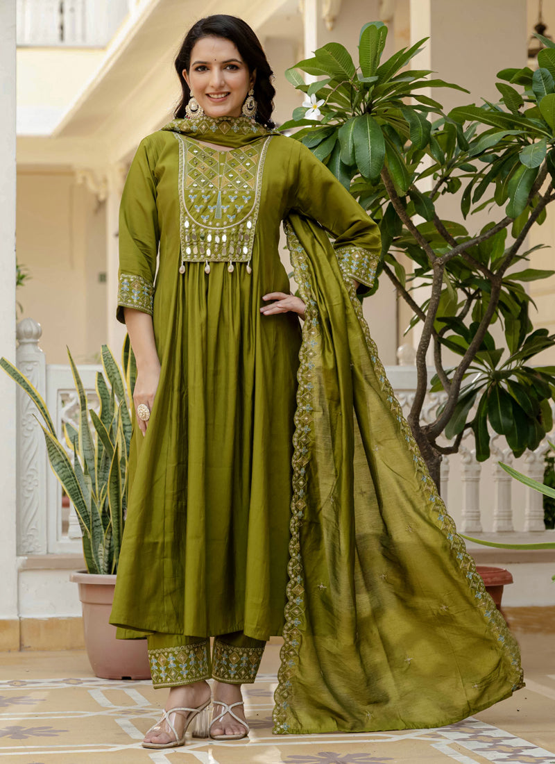 Prazu Fashion Mehendi Viscose Roman Silk Real Mirror Hand Work Kurta Set | Grocsy