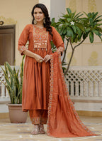 Prazu Fashion Orange Viscose Roman Silk Real Mirror Hand Work Kurta Set | Grocsy