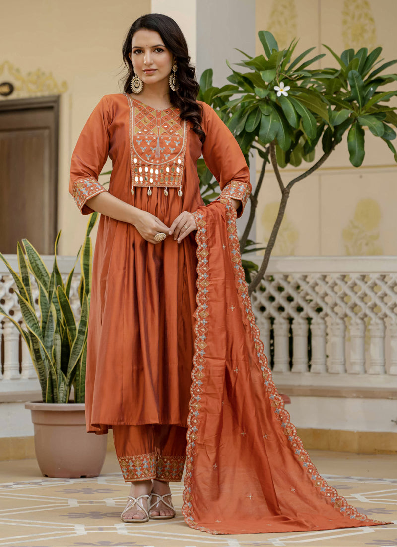 Prazu Fashion Orange Viscose Roman Silk Real Mirror Hand Work Kurta Set | Grocsy
