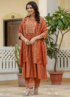 Prazu Fashion Orange Viscose Roman Silk Real Mirror Hand Work Kurta Set | Grocsy