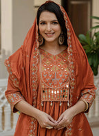 Prazu Fashion Orange Viscose Roman Silk Real Mirror Hand Work Kurta Set | Grocsy