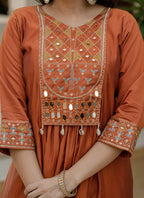 Prazu Fashion Orange Viscose Roman Silk Real Mirror Hand Work Kurta Set | Grocsy