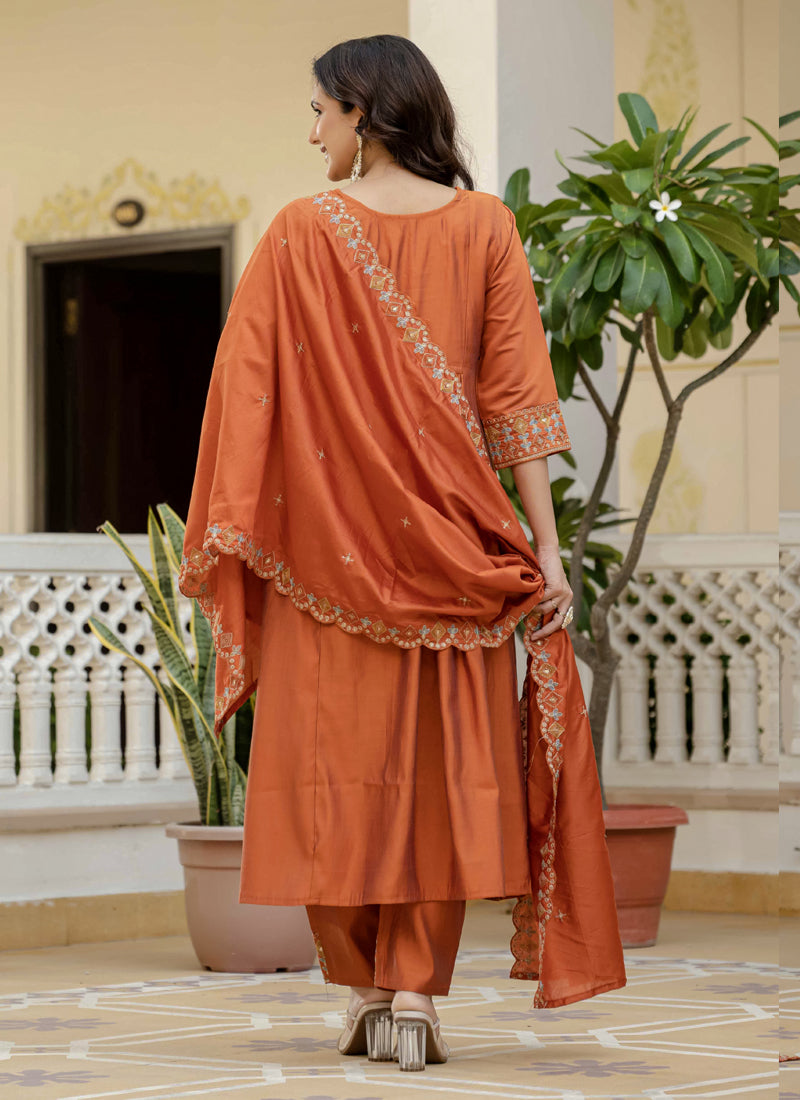 Prazu Fashion Orange Viscose Roman Silk Real Mirror Hand Work Kurta Set | Grocsy
