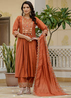 Prazu Fashion Orange Viscose Roman Silk Real Mirror Hand Work Kurta Set | Grocsy