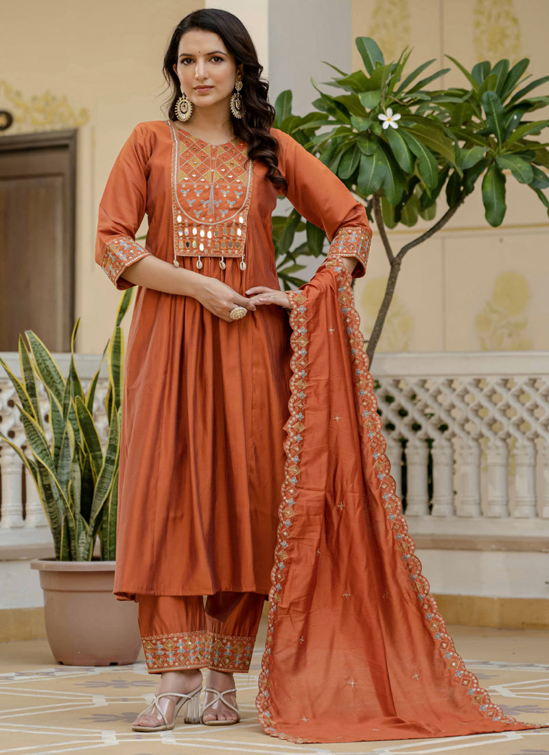 Prazu Fashion Orange Viscose Roman Silk Real Mirror Hand Work Kurta Set | Grocsy