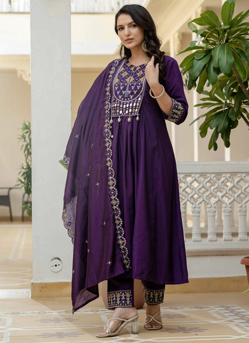 Prazu Fashion Purple Viscose Roman Silk Real Mirror Hand Work Kurta Set | Grocsy