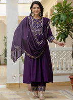 Prazu Fashion Purple Viscose Roman Silk Real Mirror Hand Work Kurta Set | Grocsy