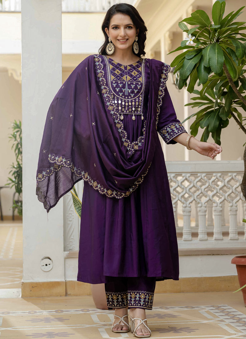 Prazu Fashion Purple Viscose Roman Silk Real Mirror Hand Work Kurta Set | Grocsy