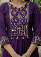 Prazu Fashion Purple Viscose Roman Silk Real Mirror Hand Work Kurta Set | Grocsy