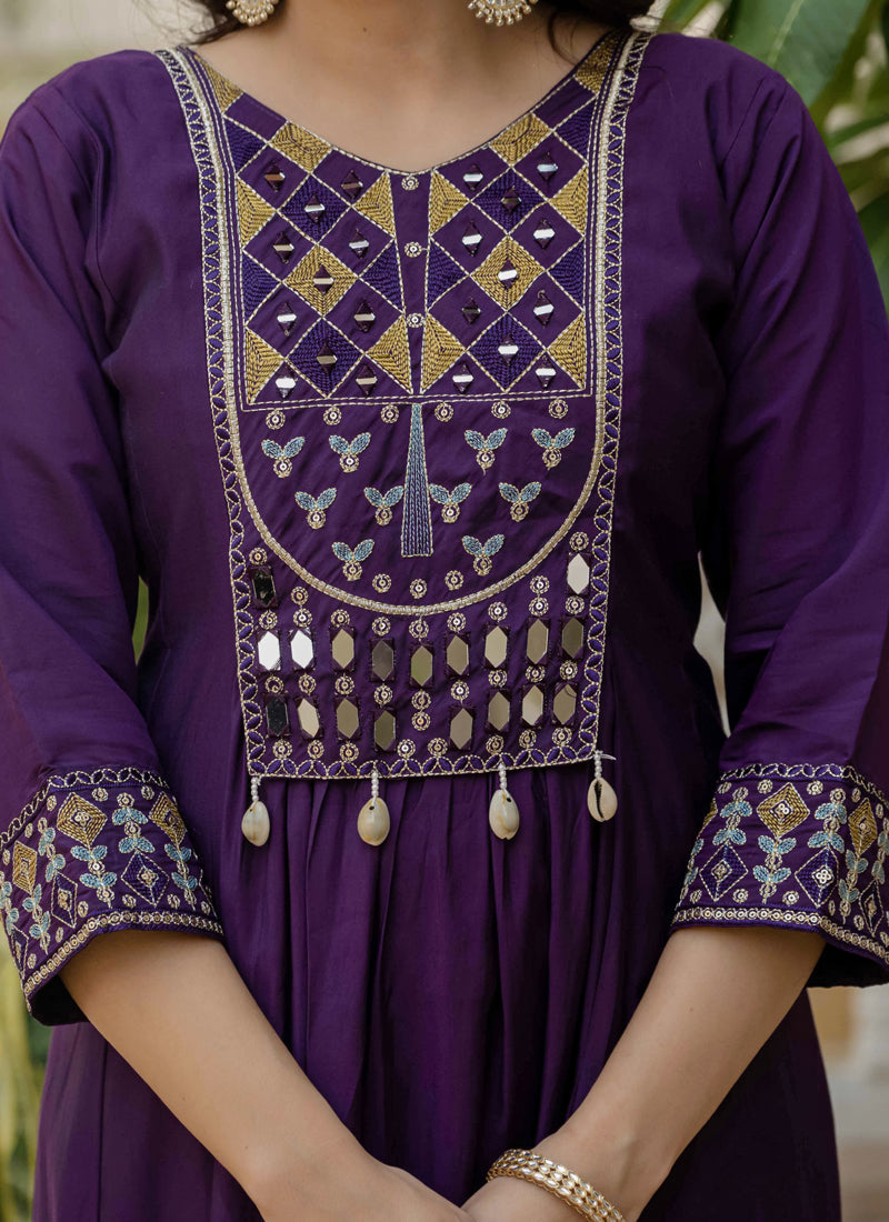 Prazu Fashion Purple Viscose Roman Silk Real Mirror Hand Work Kurta Set | Grocsy