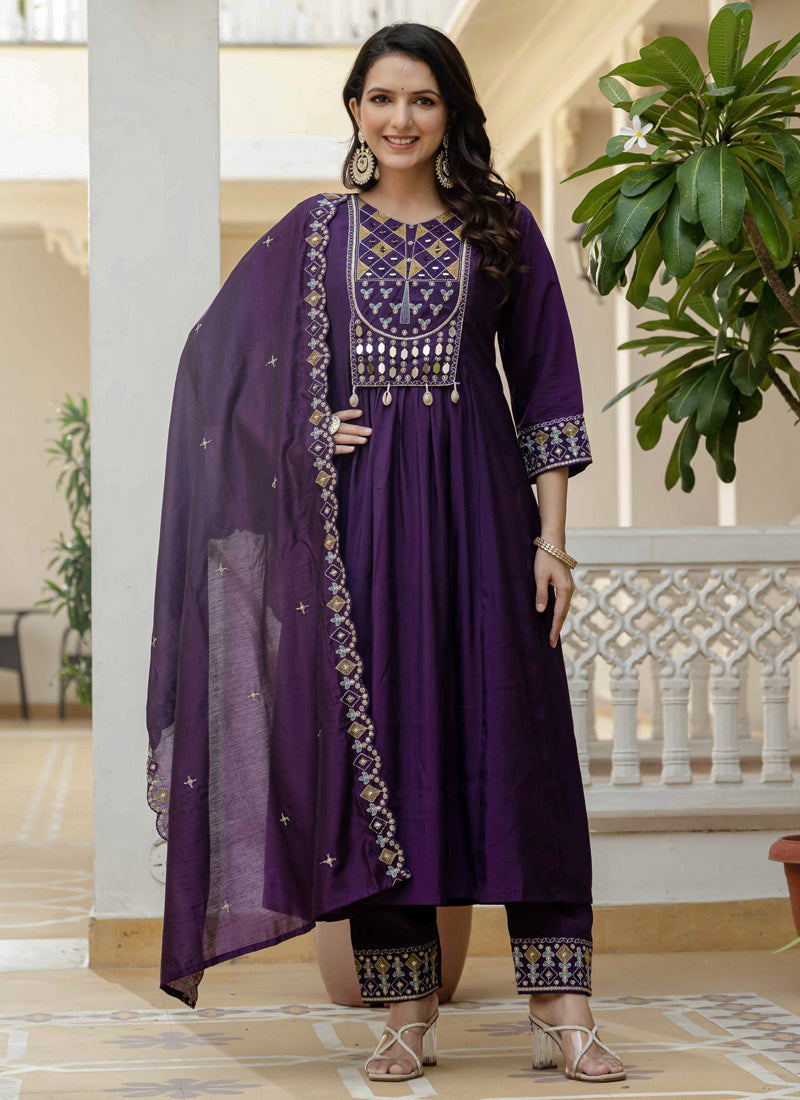 Prazu Fashion Purple Viscose Roman Silk Real Mirror Hand Work Kurta Set | Grocsy