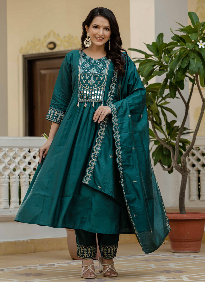 Prazu Fashion Teal Viscose Roman Silk Real Mirror Hand Work Kurta Set | Grocsy