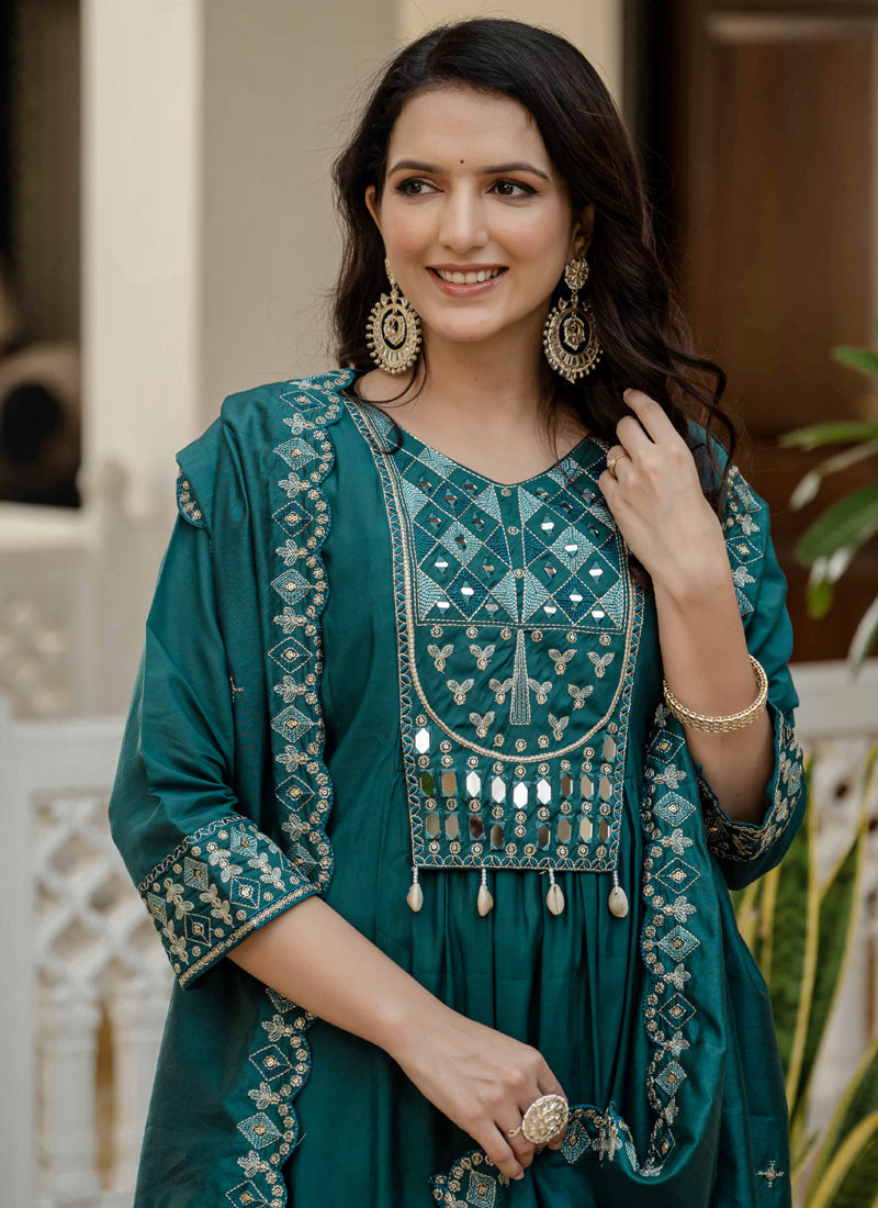 Prazu Fashion Teal Viscose Roman Silk Real Mirror Hand Work Kurta Set | Grocsy