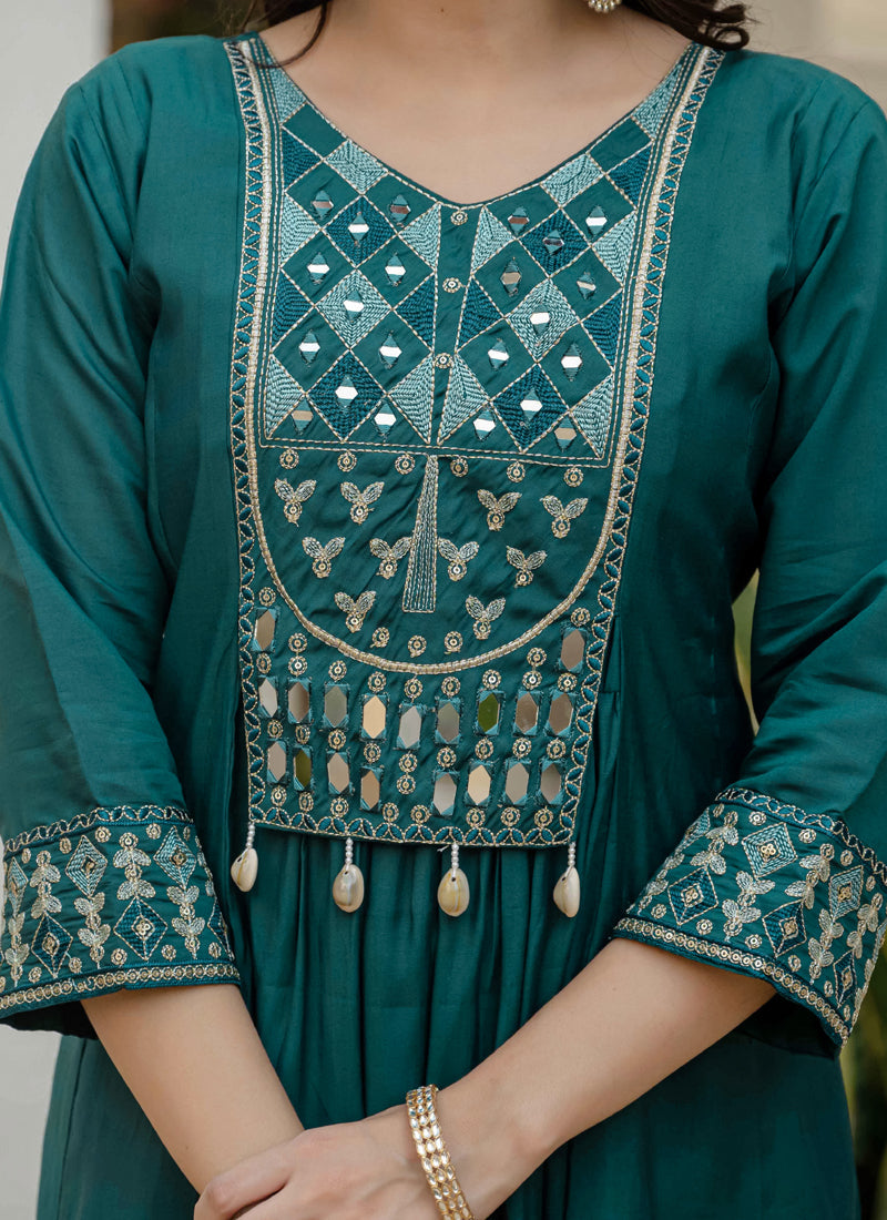 Prazu Fashion Teal Viscose Roman Silk Real Mirror Hand Work Kurta Set | Grocsy