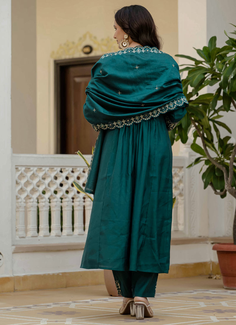 Prazu Fashion Teal Viscose Roman Silk Real Mirror Hand Work Kurta Set | Grocsy