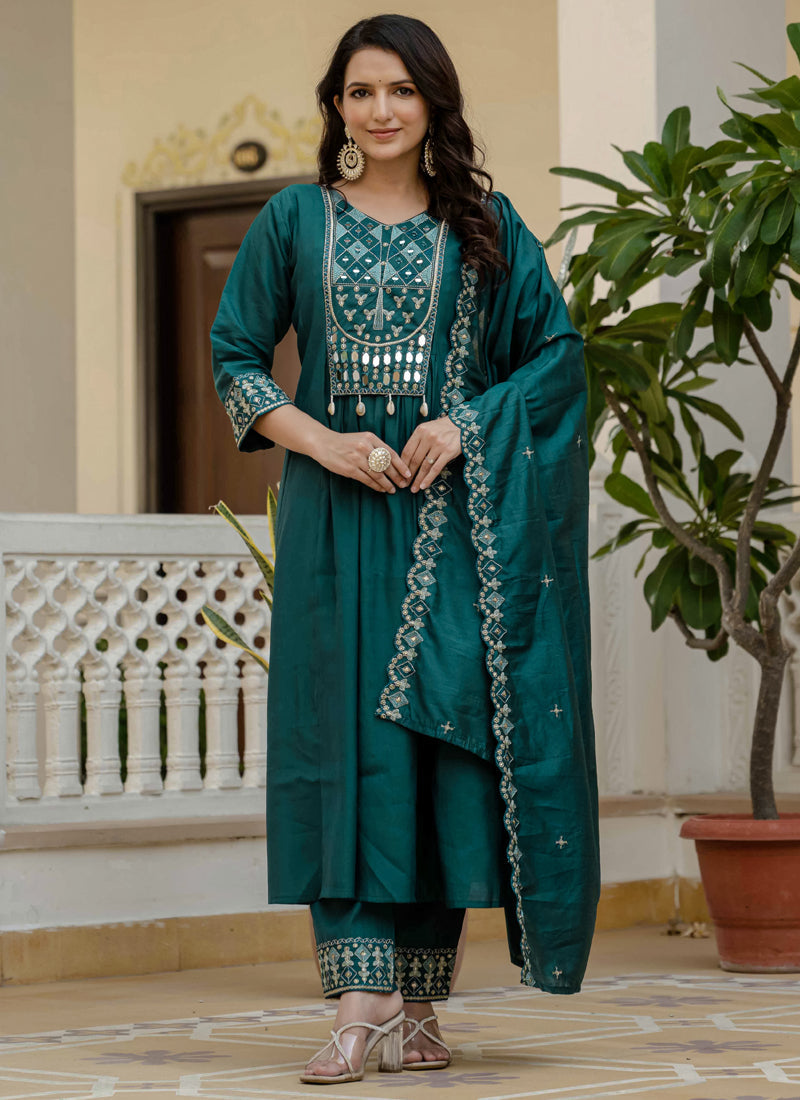 Prazu Fashion Teal Viscose Roman Silk Real Mirror Hand Work Kurta Set | Grocsy