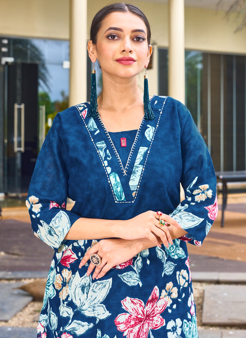 Prazu Fashion Blue Pure Cotton Stylish Prints Co-Ords Set | Grocsy