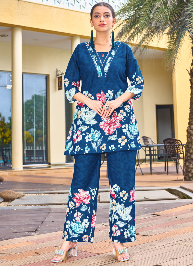 Prazu Fashion Blue Pure Cotton Stylish Prints Co-Ords Set | Grocsy