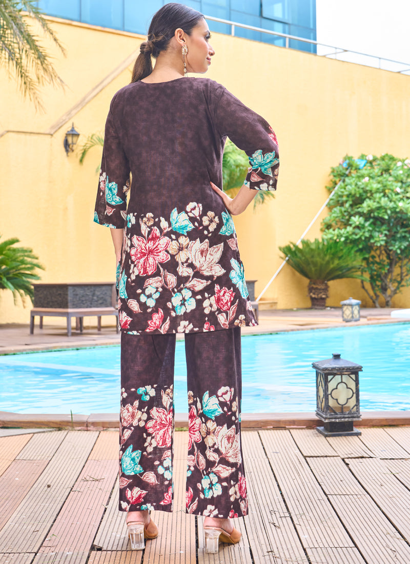 Prazu Fashion Coffee Pure Cotton Stylish Prints Co-Ords Set | Grocsy