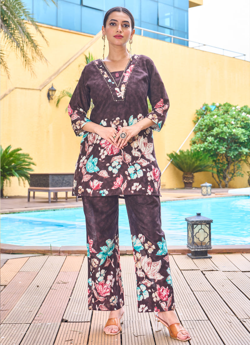 Prazu Fashion Coffee Pure Cotton Stylish Prints Co-Ords Set | Grocsy