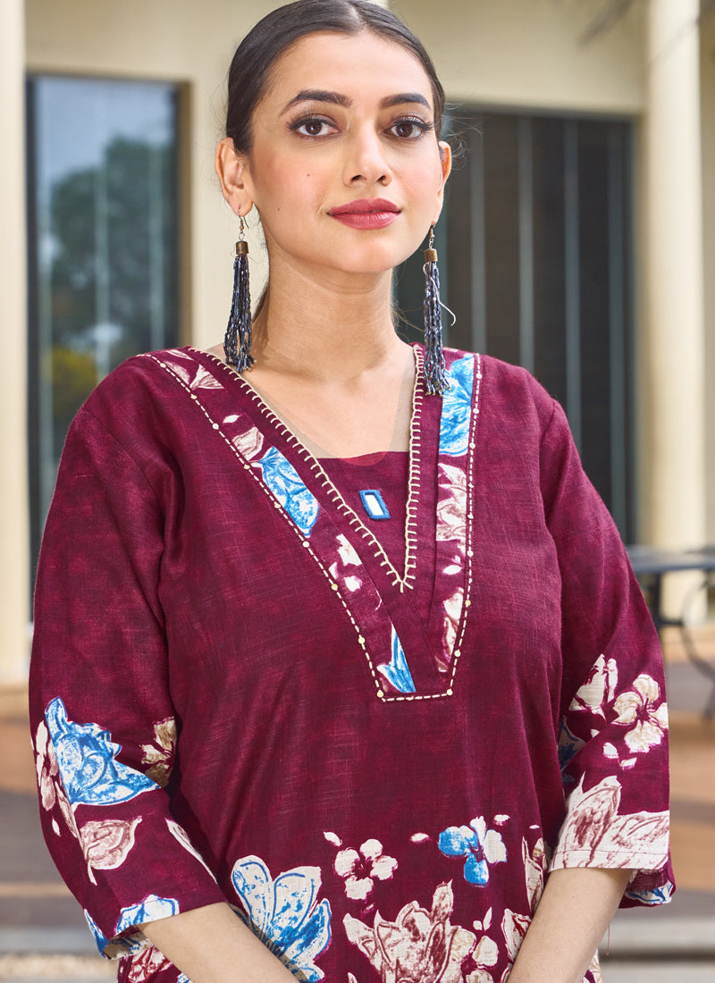 Prazu Fashion Maroon Pure Cotton Stylish Prints Co-Ords Set | Grocsy