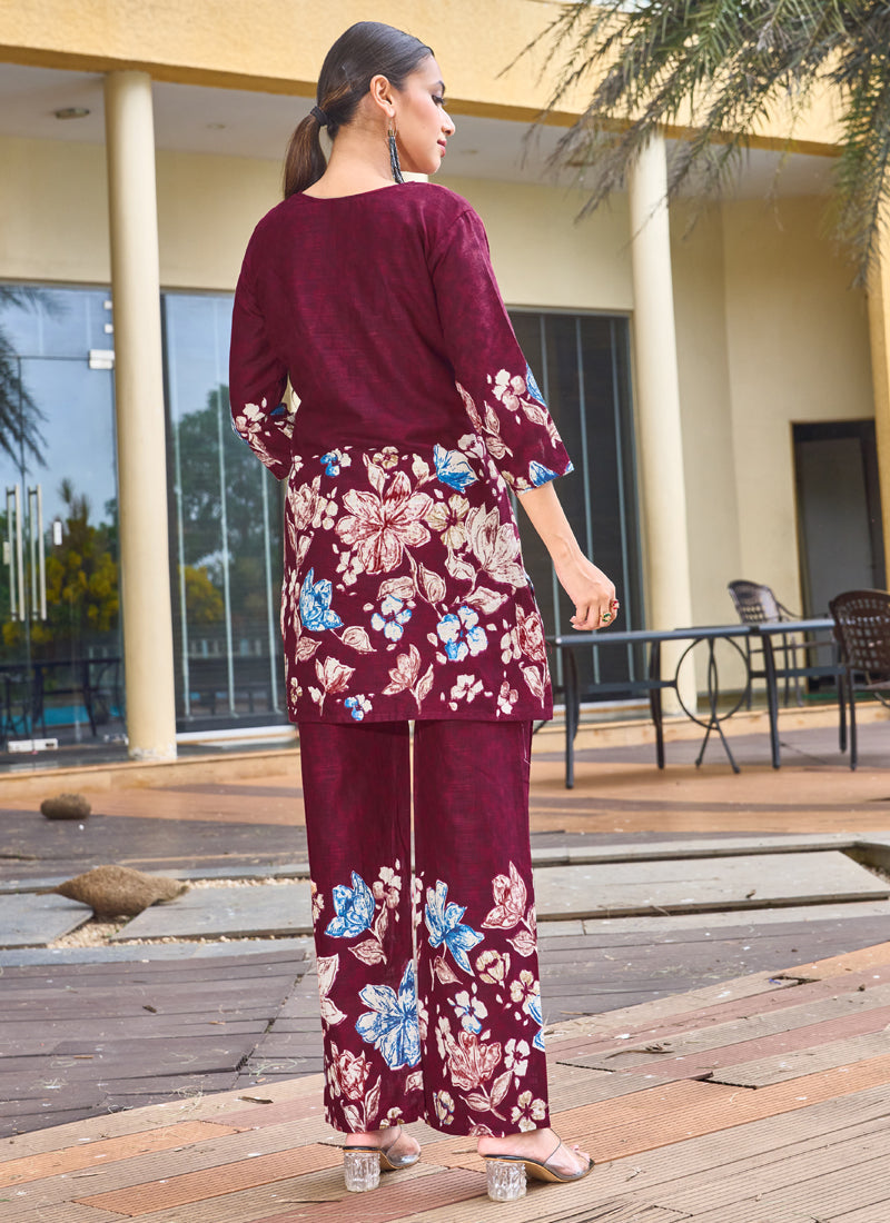 Prazu Fashion Maroon Pure Cotton Stylish Prints Co-Ords Set | Grocsy