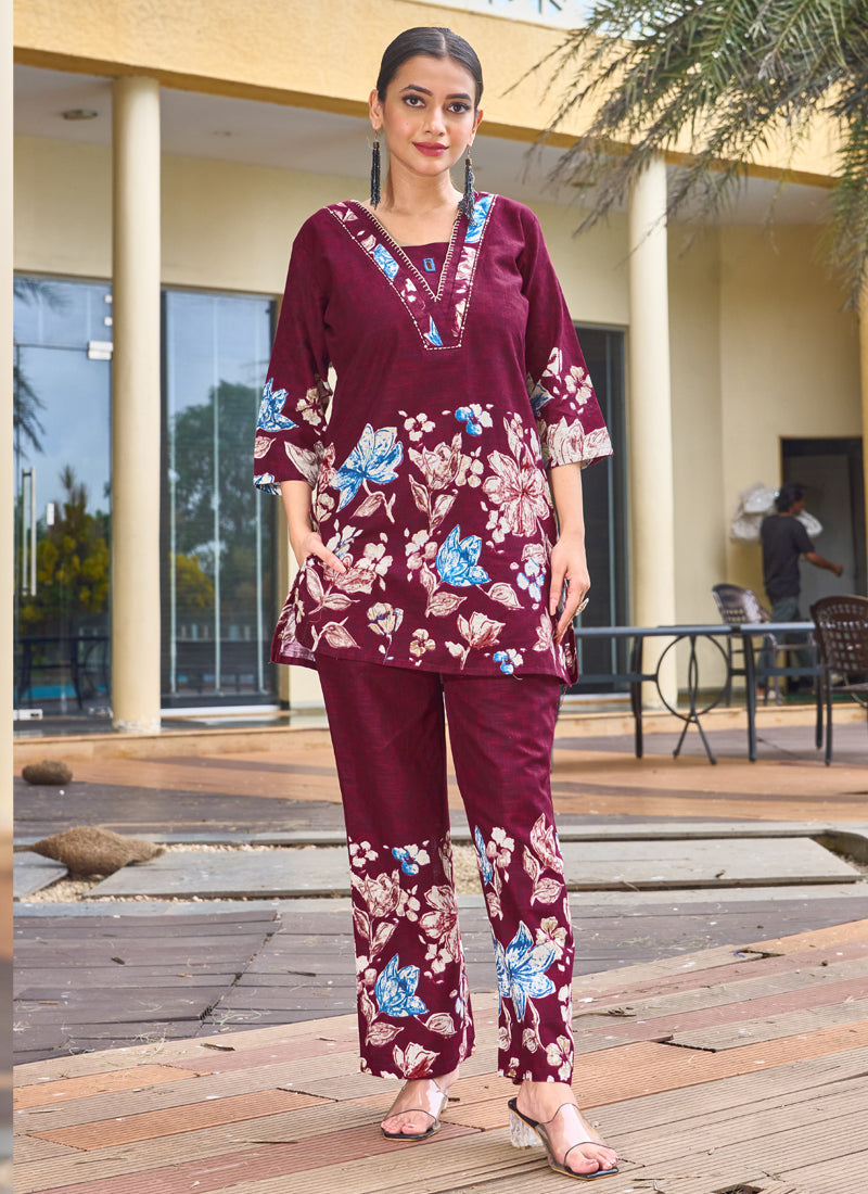Prazu Fashion Maroon Pure Cotton Stylish Prints Co-Ords Set | Grocsy