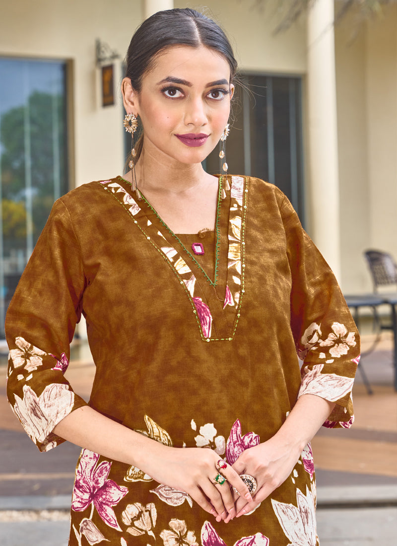 Prazu Fashion Mustard Pure Cotton Stylish Prints Co-Ords Set | Grocsy