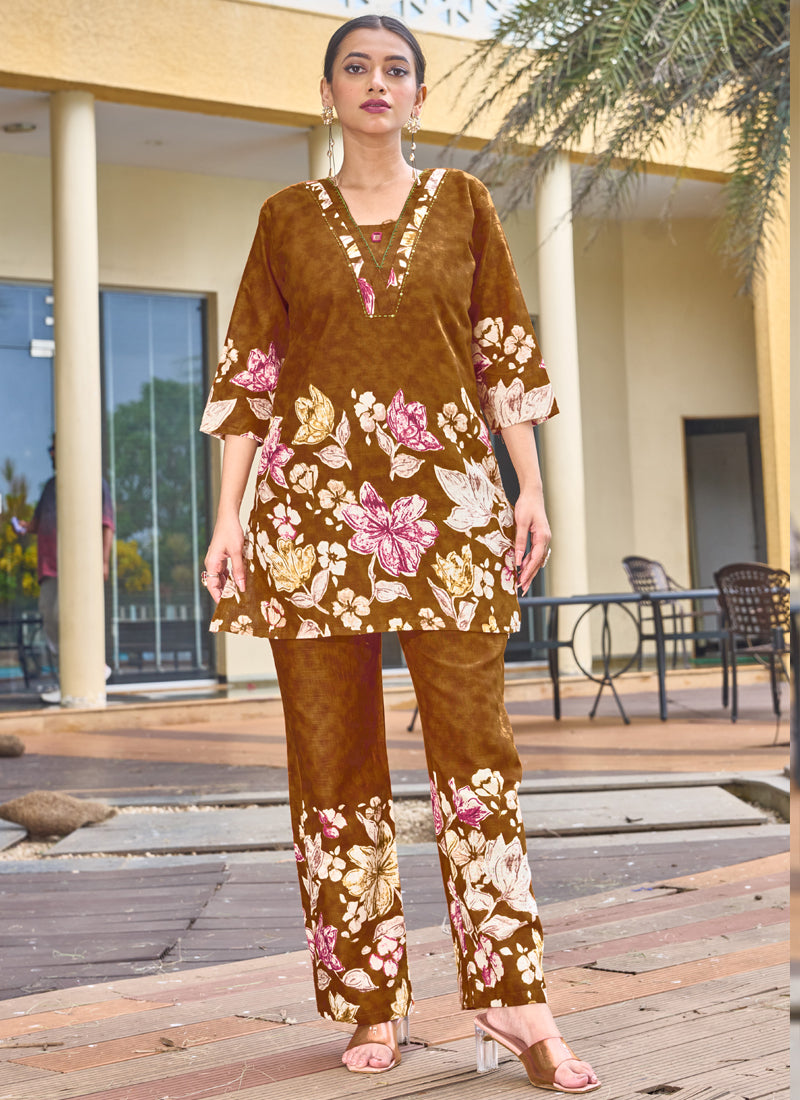 Prazu Fashion Mustard Pure Cotton Stylish Prints Co-Ords Set | Grocsy