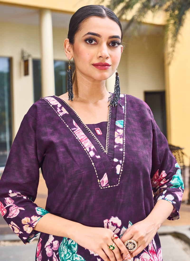 Prazu Fashion Purple Pure Cotton Stylish Prints Co-Ords Set | Grocsy